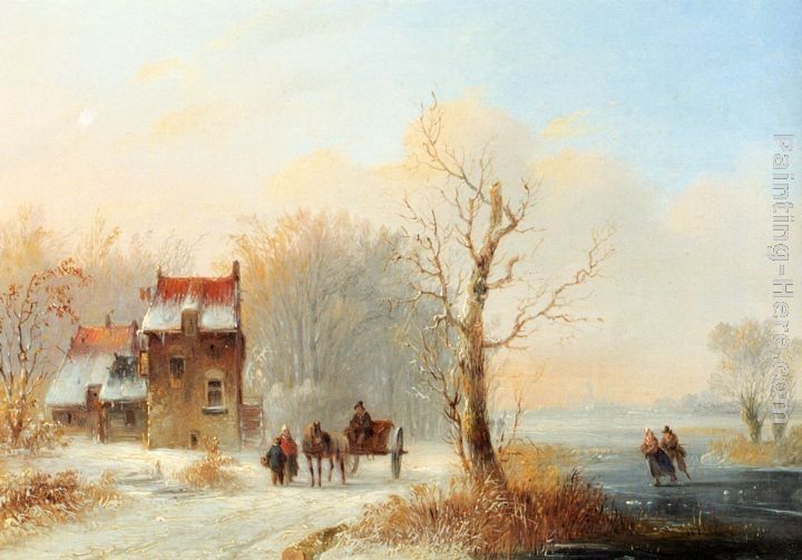 Jacobus Van Der Stok A Winter Landscape With Skaters On A Frozen waterway And A Horse-drawn Cart On A Snow-covered Track